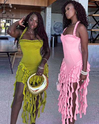 Sexy halterneck sleeveless fringe irregular dress