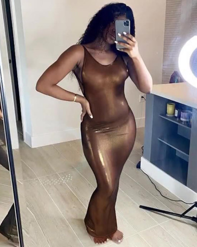 Sexy backless sling metallic long bodycon dress