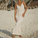 Sexy backless knitted long beach dress three-dimensional flower knitted backless long dress