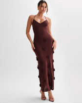 Sexy backless knitted long beach dress three-dimensional flower knitted backless long dress