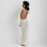Sexy backless knitted maxi beach dress V-neck elegant long dress