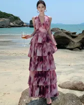Casual vacation backless halter neck beach dress
