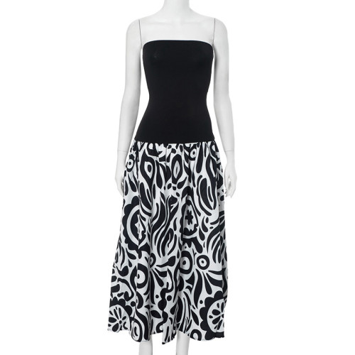 Casual sleeveless color contrast A-line print long tube dress