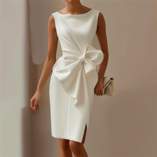 Bowknot high waist slim fit solid color white dress