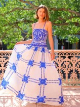 Women's elegant holiday style  blue and white sling dress
