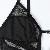Sexy lingerie simple perspective hollow thin suspender jumpsuit black mysterious mesh skirt