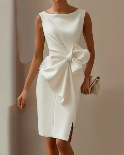 Bowknot high waist slim fit solid color white dress