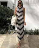 Women's Sexy Tight Striped Tassel Knitted  Women's Sleeveless Midi Dress
