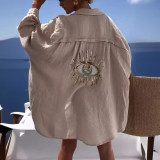 Ladies Spring and Summer Lapel Long Sleeve Linen Blouse