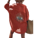 Ladies Spring and Summer Lapel Long Sleeve Linen Blouse