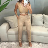 Women's Sleeveless Solid Color Patchwork Two-Piece Set