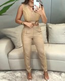 Women's Sleeveless Solid Color Patchwork Two-Piece Set