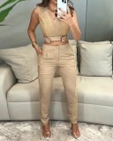 Women's Sleeveless Solid Color Patchwork Two-Piece Set