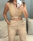Women's Sleeveless Solid Color Patchwork Two-Piece Set