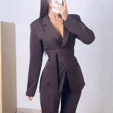 Women's solid color lapel long sleeve tie blazer pants two piece suit
