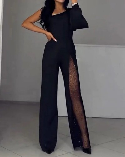 Women's spring casual one shoulder solid color beaded jumpsuit