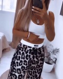 Women's Casual Sleeveless Solid Color Top Leopard Print Pants Two-Piece Set