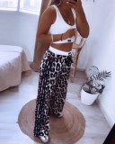 Women's Casual Sleeveless Solid Color Top Leopard Print Pants Two-Piece Set