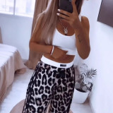 Women's Casual Sleeveless Solid Color Top Leopard Print Pants Two-Piece Set