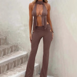 Women Solid Color Sexy Halter Vest Matching Irregular Cut Out Pants Two Piece Clothing Set