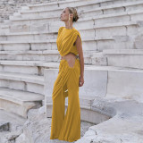 Women Solid Color Sexy Crop Top Matching Wide Legges Pants Two Piece Clothing Set