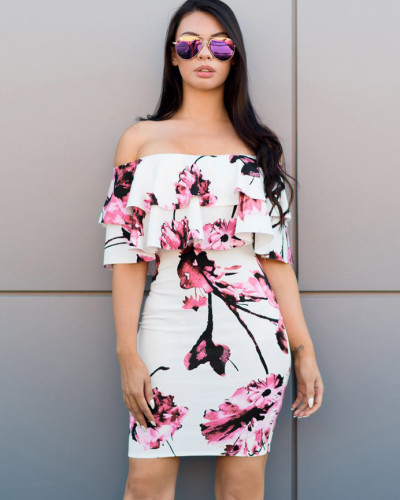 Women Floral Print Off Shoulder Short Summer Dress
