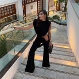 Women Solid Color Sexy Crop Top Matching Wide Legges Pants Two Piece Clothing Set