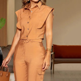 Women Casual Solid Color Top Matching Belted Trousers Two Piece Clothing Set