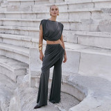 Women Solid Color Sexy Crop Top Matching Wide Legges Pants Two Piece Clothing Set