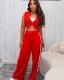 Women casual red stripes crop top matching trouser set