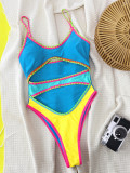 Women one-piece swimsuit yellow and blue contrast color hollow out high cut bikini swimwear