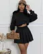 Women casual solid color shirt matching pleated skirt set