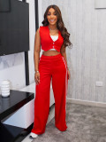 Women casual red stripes crop top matching trouser set