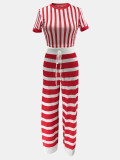 Women casual stripes crop top matching trouser set