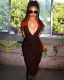 Women black deep-v neck low back pleated bodycon dress