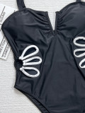 Women one-piece swimsuit high cut black hollow out flower swimwear
