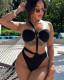Women high cut black one-piece solid color one shoulder cut out bikini swimwear