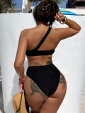 Women high cut black one-piece solid color one shoulder cut out bikini swimwear