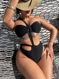 Women high cut black one-piece solid color one shoulder cut out bikini swimwear