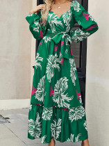 Spring casual floral print green tea dress