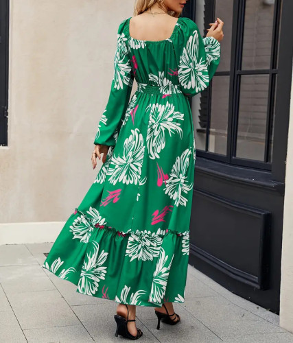 Spring casual floral print green tea dress