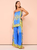 Loose casual print retro sexy ethnic style satin print casual pants set