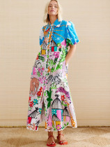 Boho Clothing Casual Printed Turndown Collar Long Blouse Dress