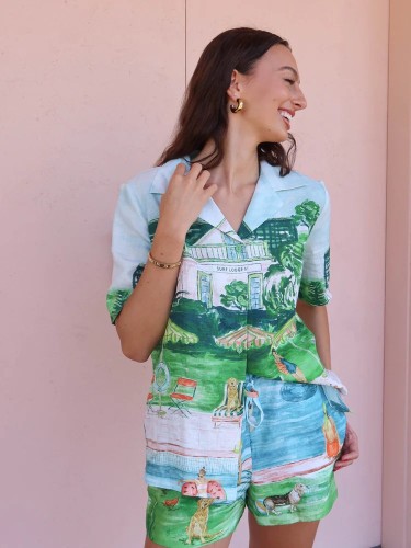 Loose casual printed linen graffiti two piece shorts set for women