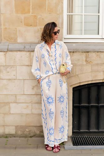 Loose casual printed linen casual blouse and trousers