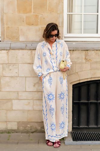 Loose casual printed linen casual blouse and trousers