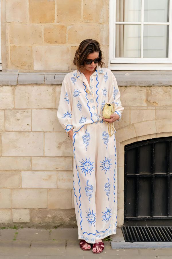 Loose casual printed linen casual blouse and trousers