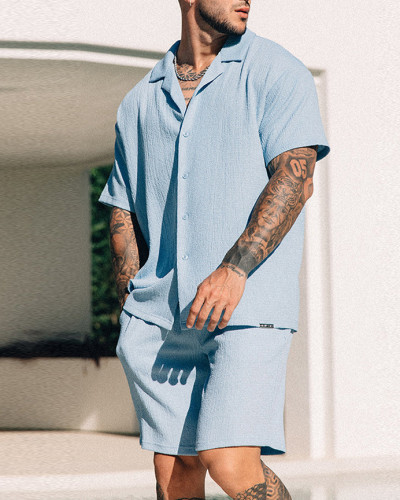 Summer fashion shirt casual shorts two piece solid color men's suit