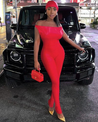 Sexy strapless tight waist PU leather jumpsuit