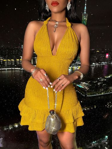 Halter neck sexy low cut slim fit solid color hip dress summer women's clothing